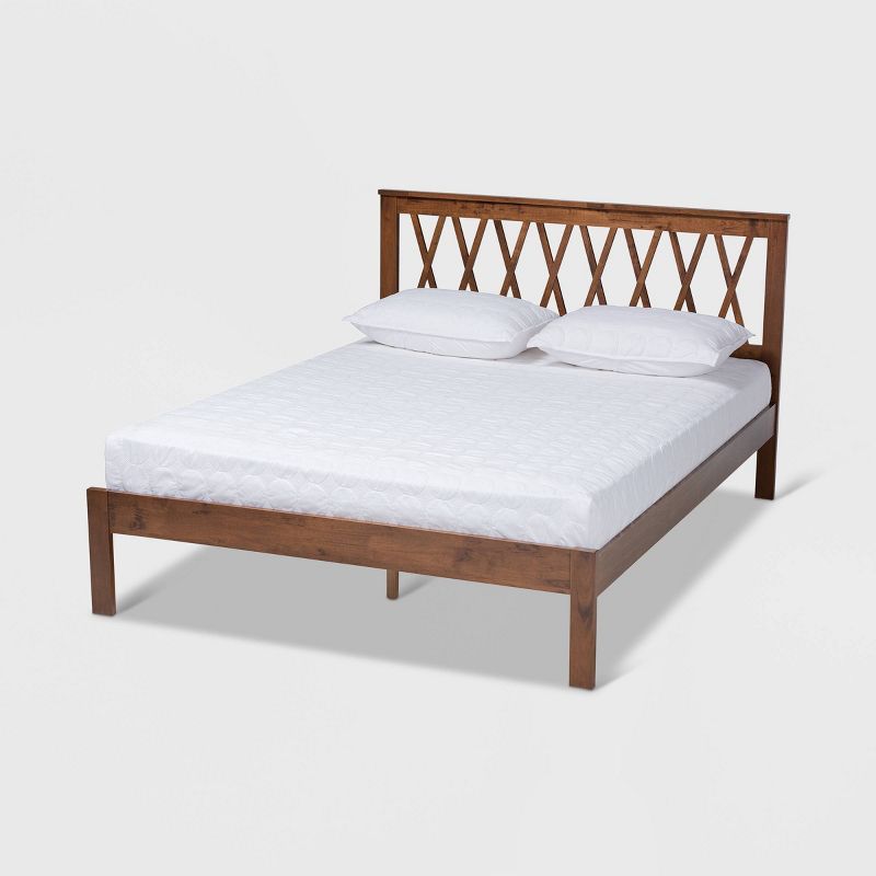 Queen Walnut Rubberwood Platform Bed with Criss-Cross Headboard