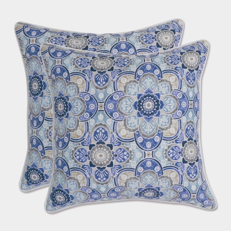 Keyzu Medallion Blue and Gray Outdoor Square Pillow Set