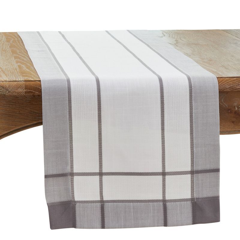 Gray and White Cotton Polyester Banded Border Table Runner