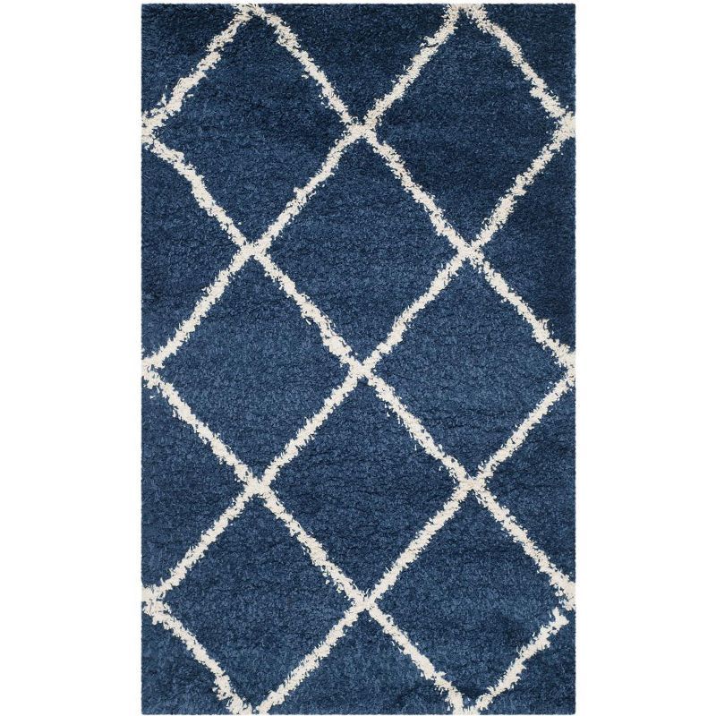 Navy and Ivory Diamond Shag High Pile Area Rug