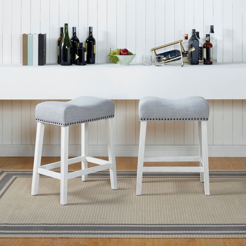 Gray Upholstered Backless Saddle Seat Counter Stools with White-Wash Finish, Set of 2