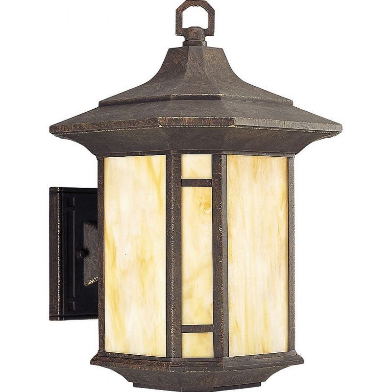 Weathered Bronze Arts and Crafts Wall Lantern with Honey Art Glass