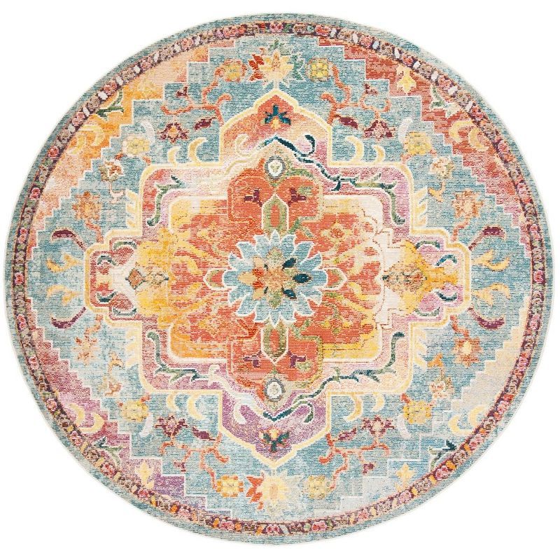 Hand-Knotted Orange & Teal Floral Synthetic 7' Round Area Rug