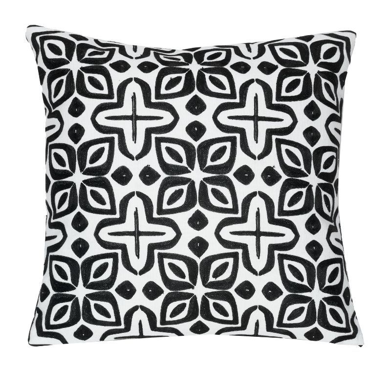 White and Black Embroidered Cotton Square Pillow