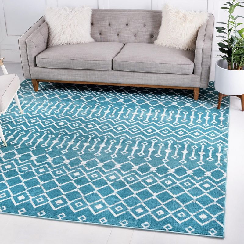 Turquoise Square Trellis Stain-Resistant Synthetic Area Rug