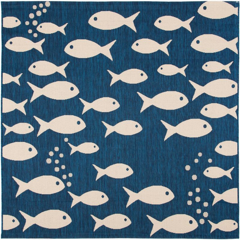 Navy & Beige Synthetic Square Indoor/Outdoor Easy-Care Rug, 5'3" x 5'3"