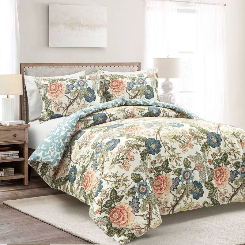 Sydney Twin XL Green Blue Reversible Cotton Floral Duvet Cover Set