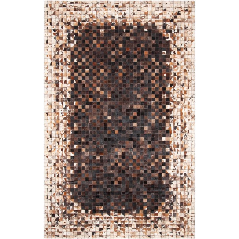 Hand-Knotted Black and Beige Geometric Cowhide Area Rug