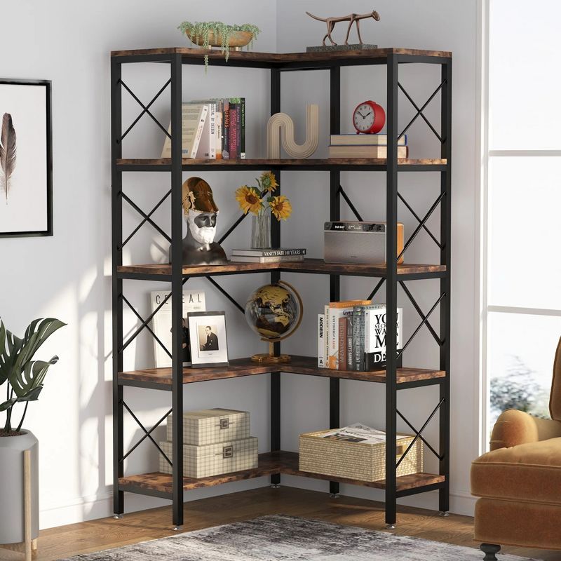 Rustic Brown 5-Shelf Corner Bookcase with Metal Frame