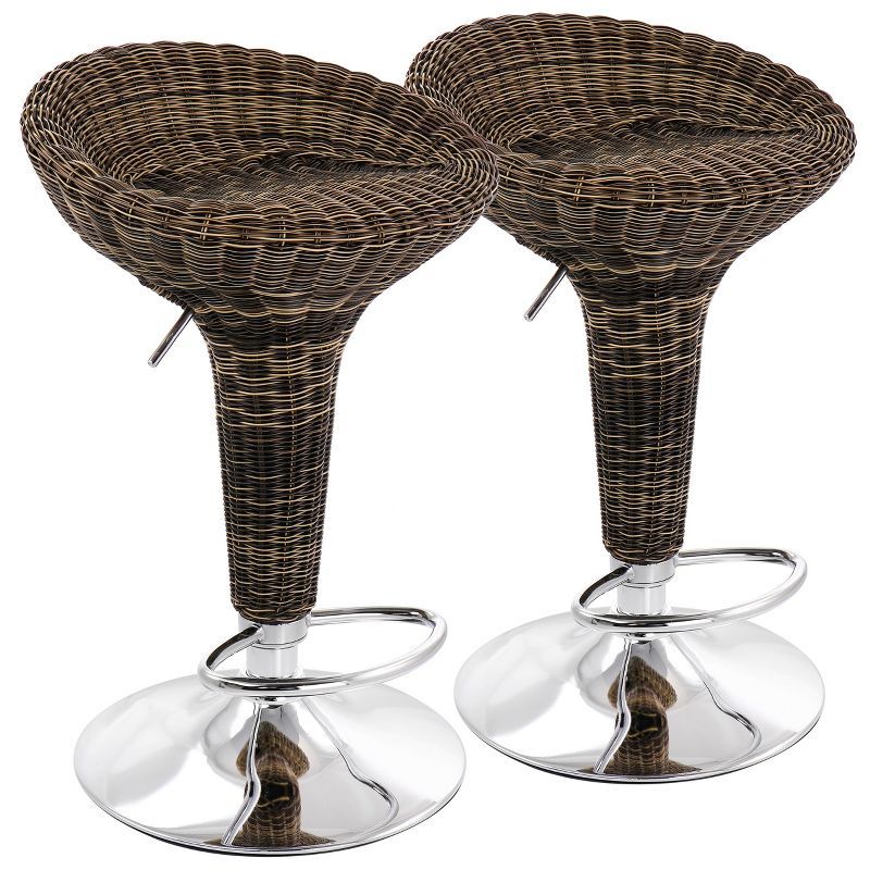 Adjustable Brown Wicker and Chrome Swivel Bar Stools, Set of 2