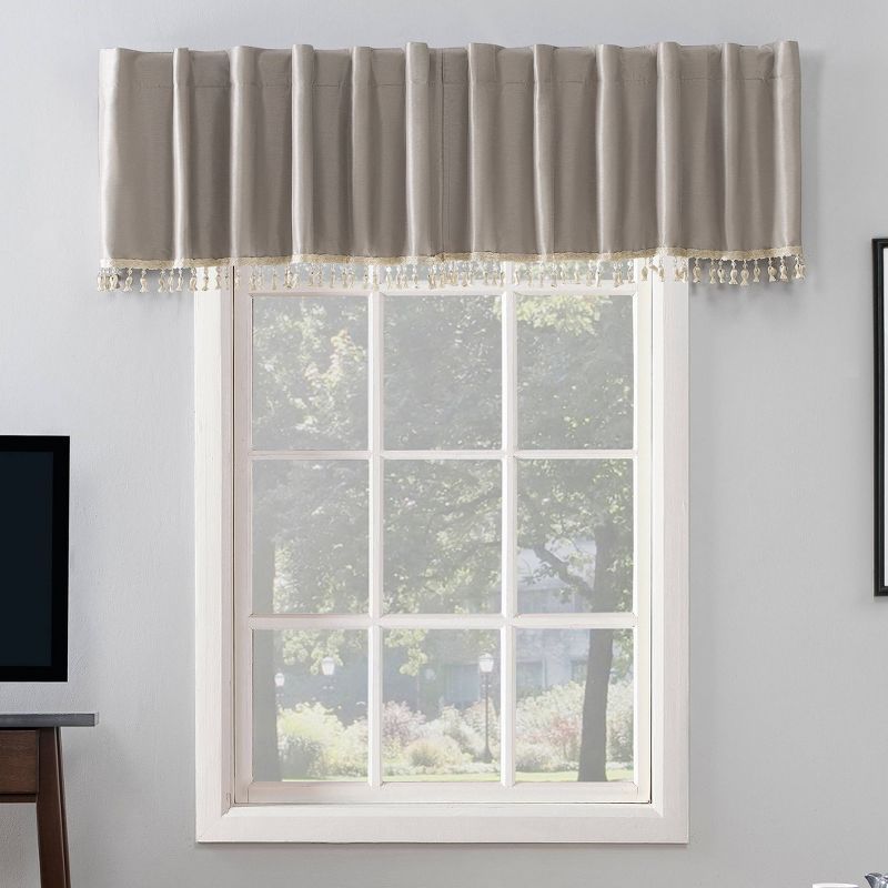 Evelina Stone Faux Silk Beaded Tassels Blackout Valance, 50" x 17"