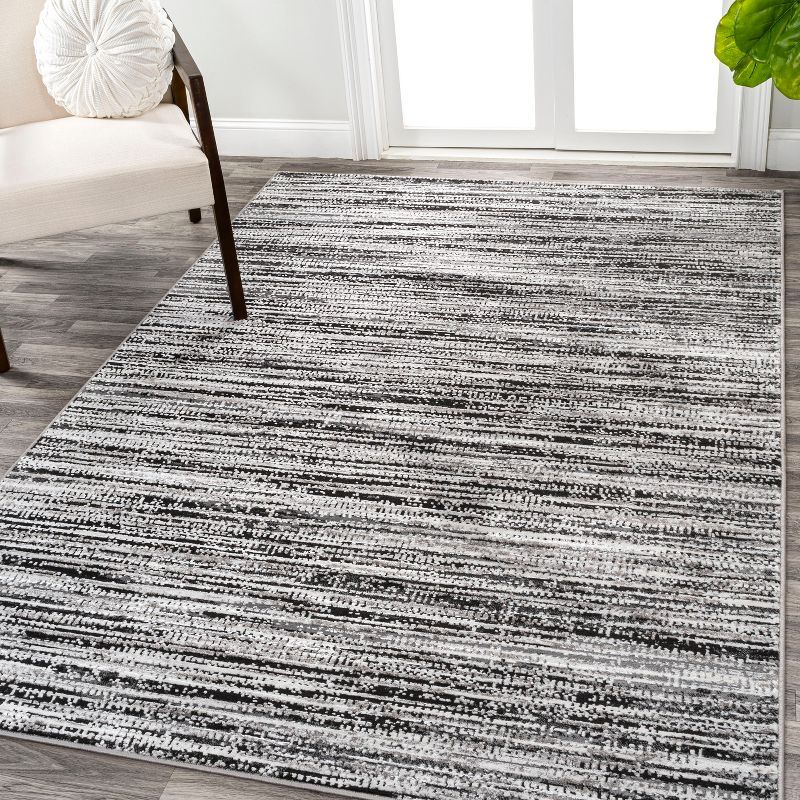 Gray and Black Striped Synthetic Flat Woven Round Rug