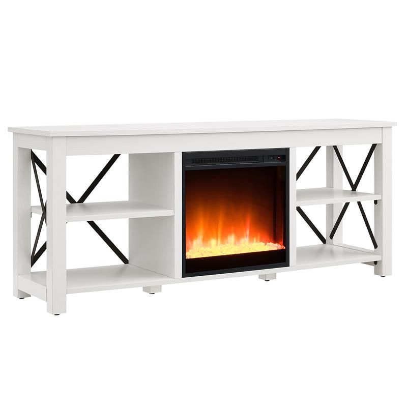 White Rectangular TV Stand with Crystal Fireplace Insert