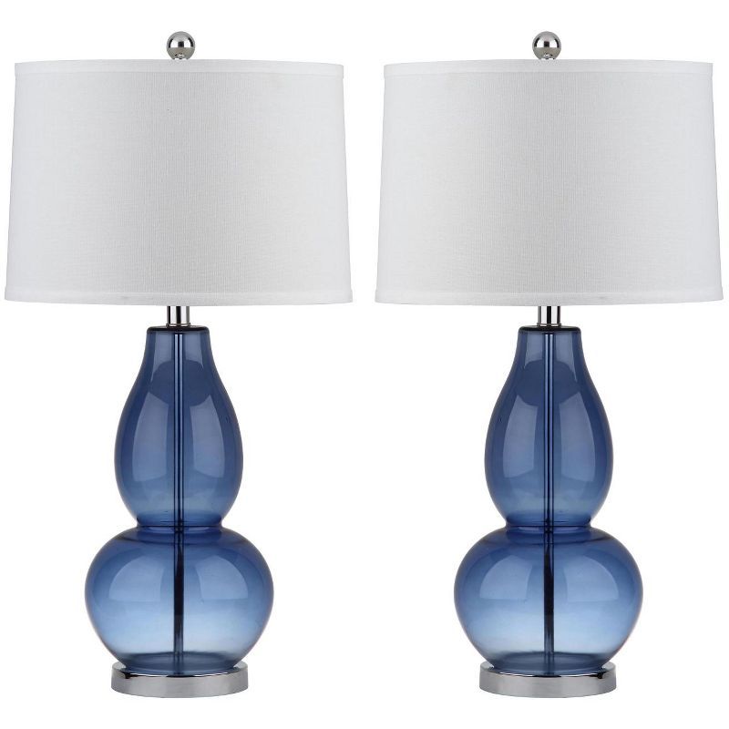 Blue Double Gourd Glass Table Lamp Set with White Shades