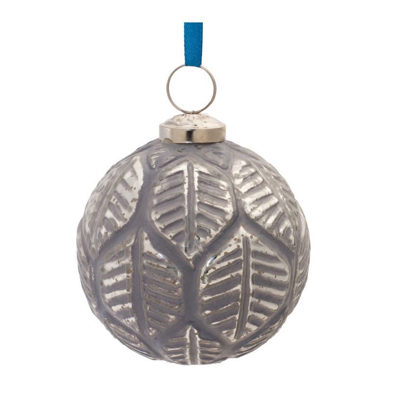 Melrose Etched Leaf Gray and Blue Glass Ball Ornaments Set