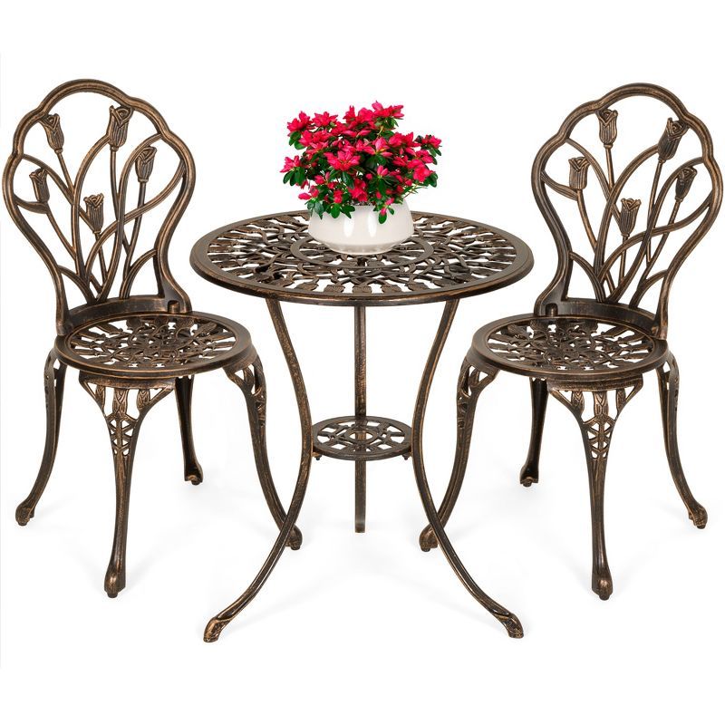 Copper Cast Aluminum 3-Piece Patio Bistro Set with Tulip Design