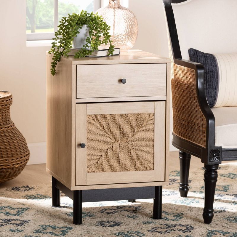 Light Brown Wood Accent Table with Woven Storage