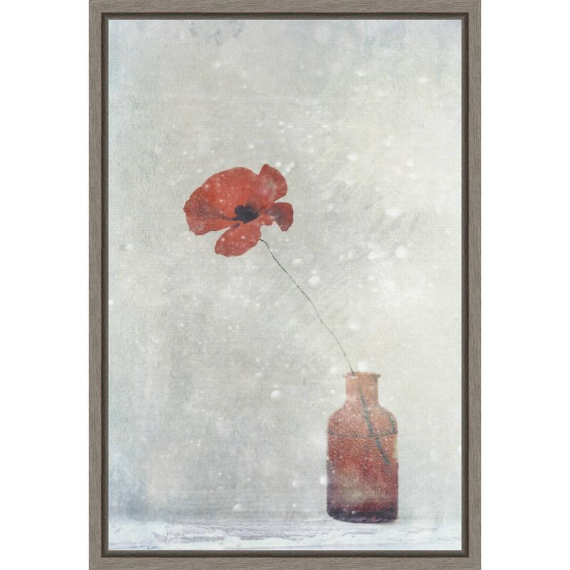 Winter Poppy Red and Gray Framed Canvas Print