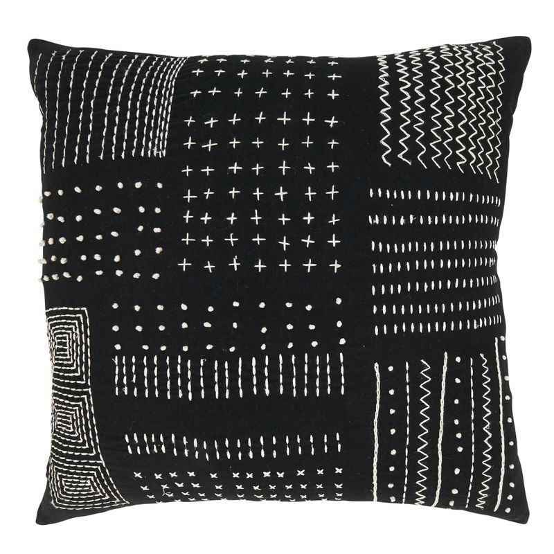 Black and White Embroidered Cotton Square Throw Pillow