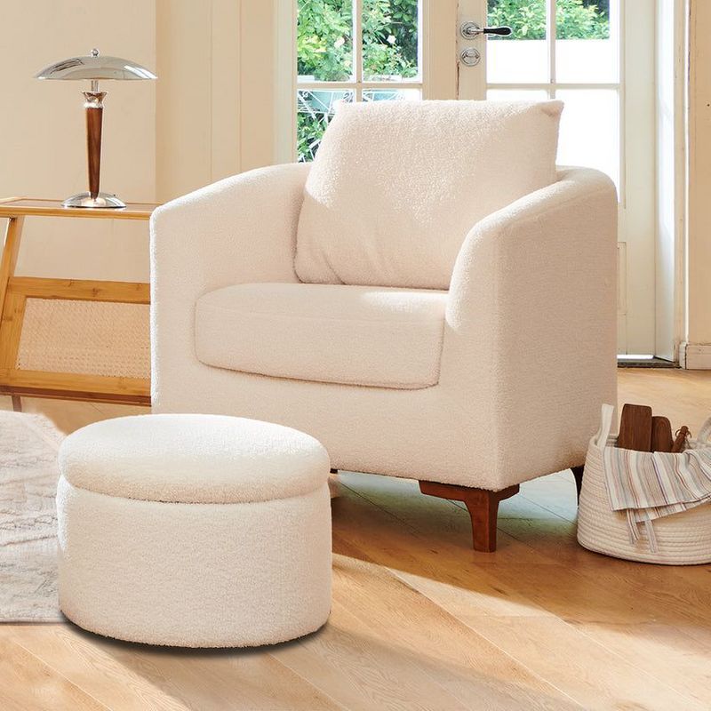 Cream Faux Leather Barrel Accent Chair with Ottoman