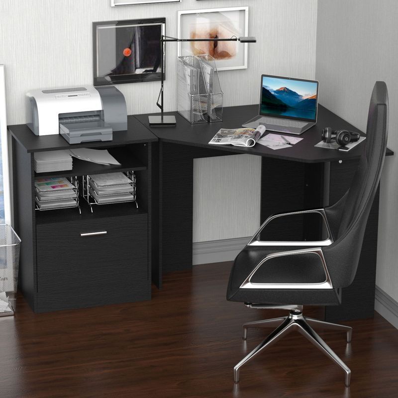 Black Wood L-Shaped Corner Gaming Desk with Drawer and Filing Cabinet