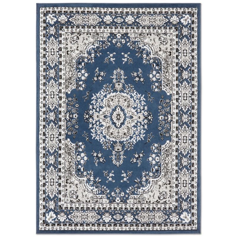 Midnight Blue and Ivory Synthetic Medallion Area Rug