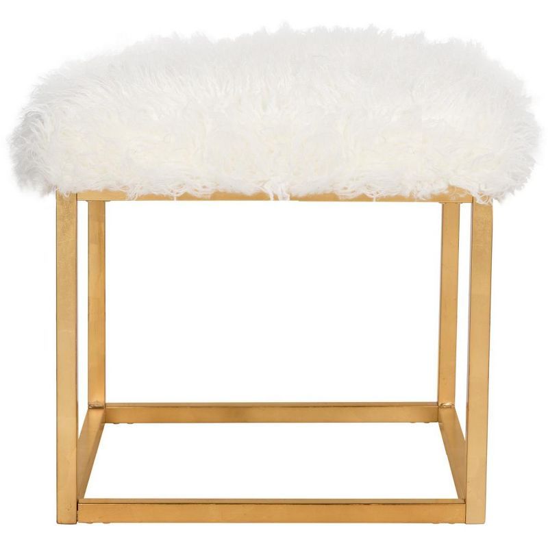 Rowan White Faux Sheepskin Square Ottoman with Gold Finish