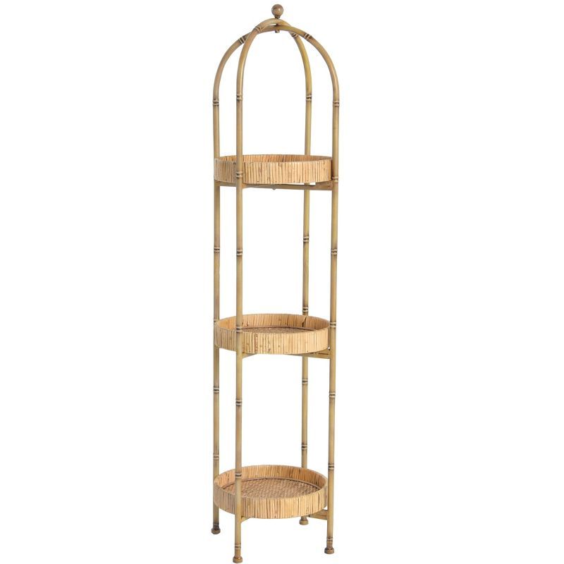 Bamboo-Inspired Metal Shelf with Rattan-Wrapped Trays, Brown
