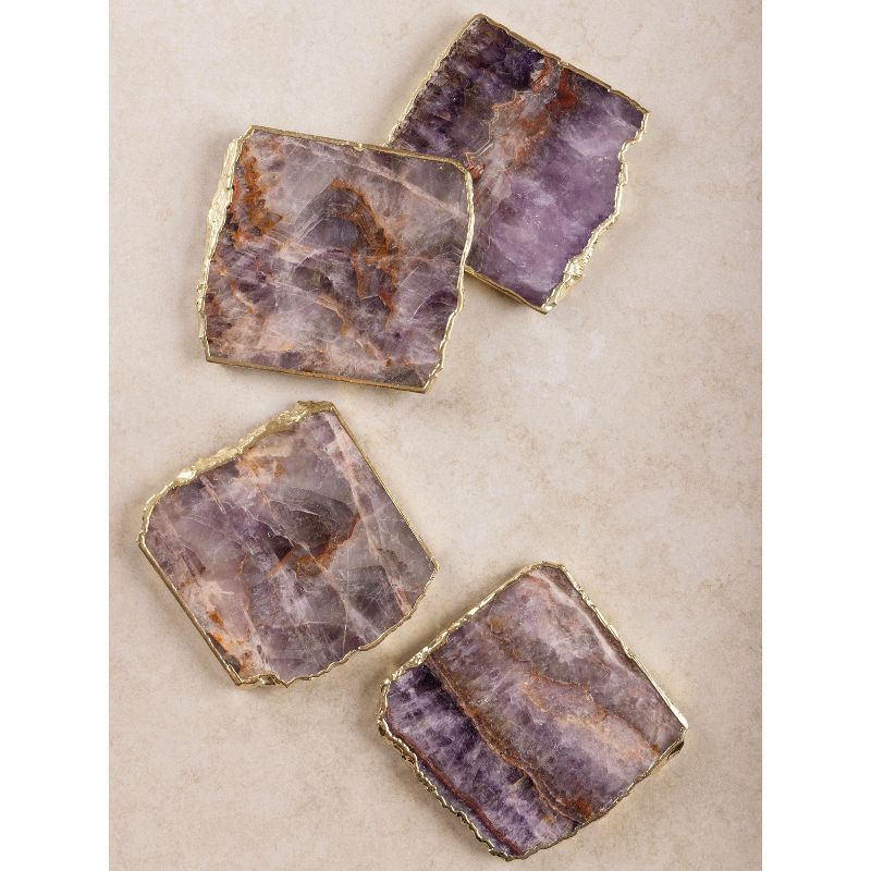 Dazzle Amethyst Stone Coasters with Gold Edges, Set of 4