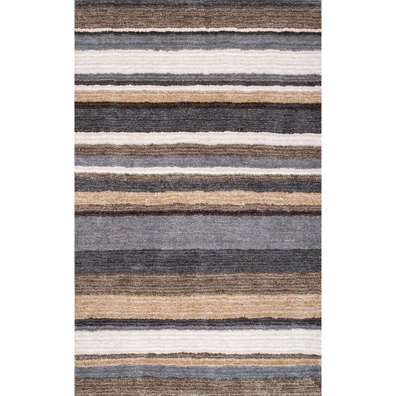 Beige and Gray Striped 8' x 10' Synthetic Shag Rug