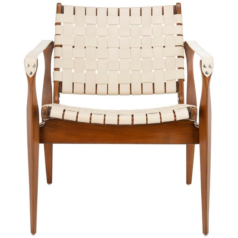 Cream and Mahogany Woven Leather Safari Accent Chair