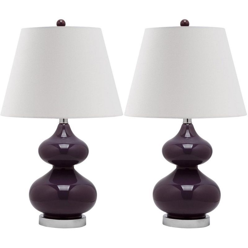 Eva Double Gourd Dark Purple Glass Table Lamp Set with Silver Accents