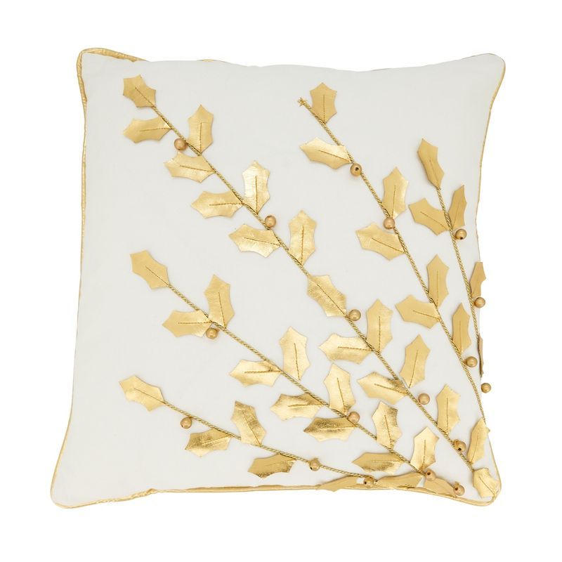 Gold Metallic Poinsettia Branch Design Holiday Cotton Throw Pillow