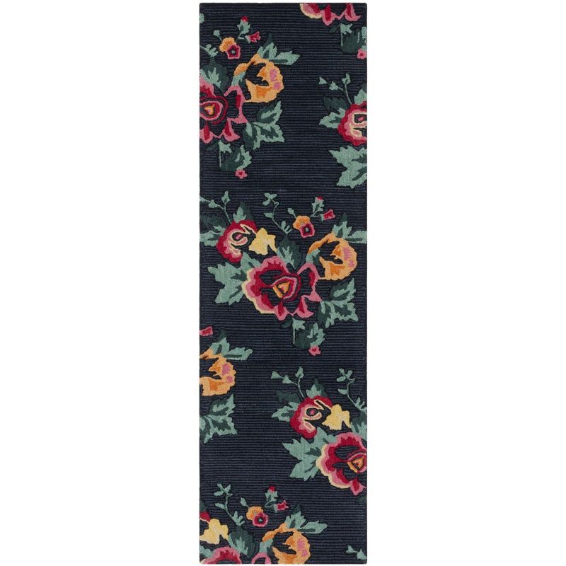 Handmade Black Floral Wool Tufted Runner Rug, 2'3" x 8'