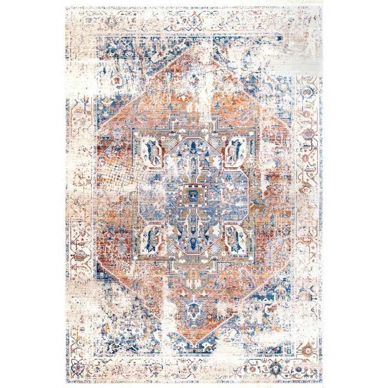 Ivory and Multicolor Synthetic Medallion Area Rug with Fringe