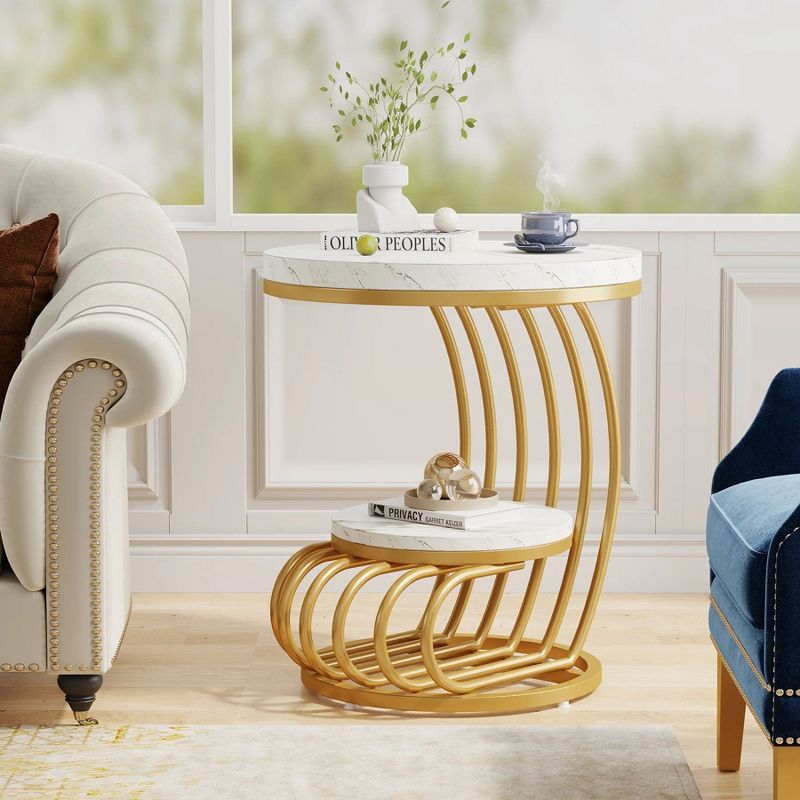 Gold and White Faux Marble Round End Table with Storage Shelf