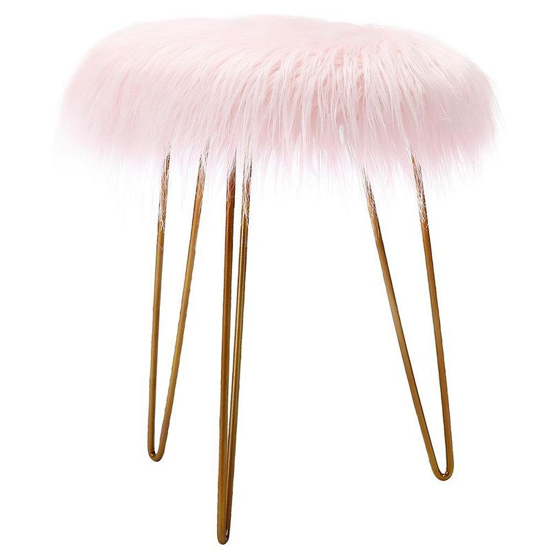 Round Pink Faux Fur Ottoman with Pale Gold Metal Legs