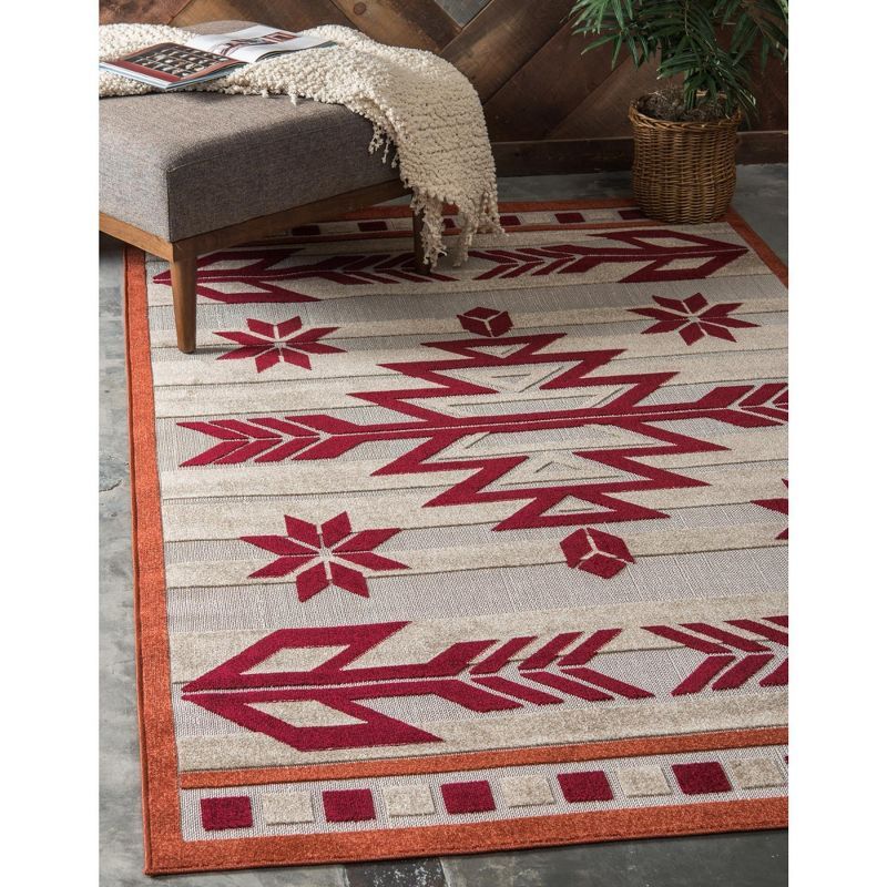 Burgundy and Beige Geometric Outdoor Rectangular Rug