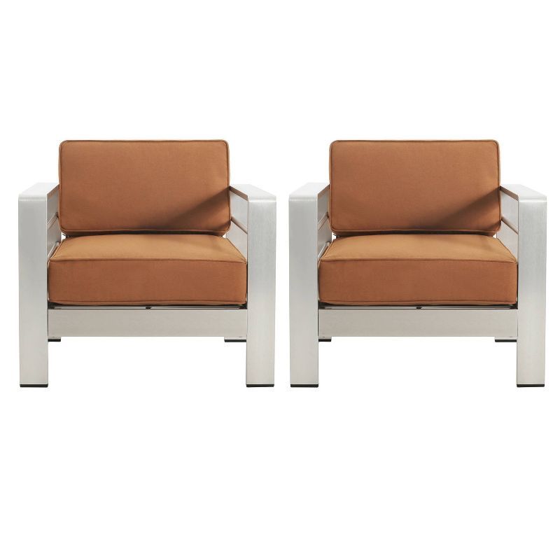 Silver Aluminum Outdoor Club Chair Set with Orange Cushions