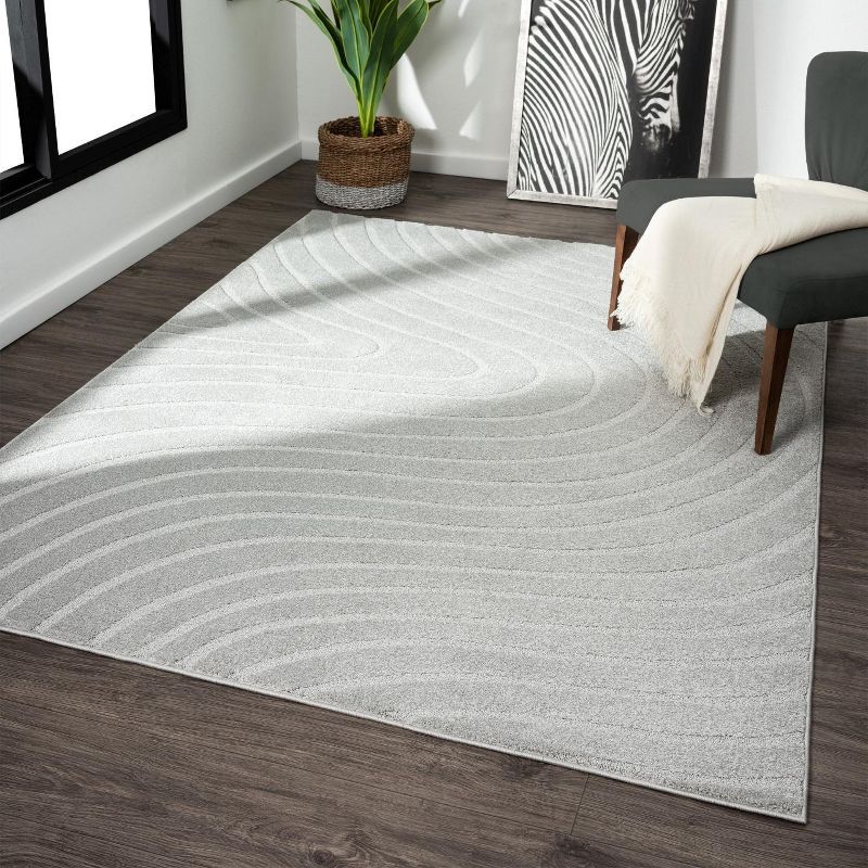 Gray Modern Geometric Wave Stain-Resistant Area Rug