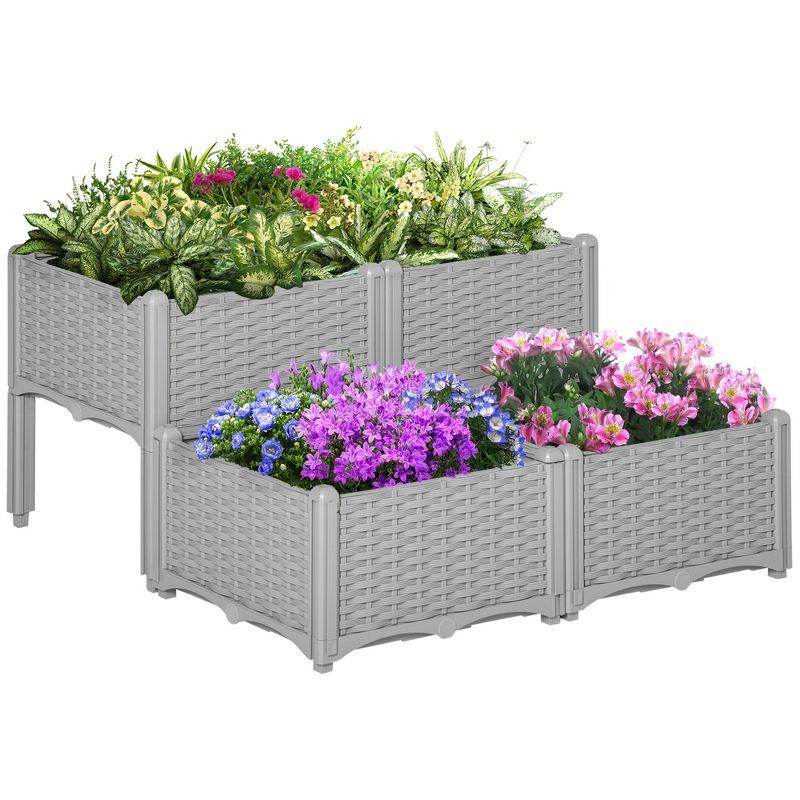 Gray 4-Piece Raised Garden Bed Planter with Self-Watering Design