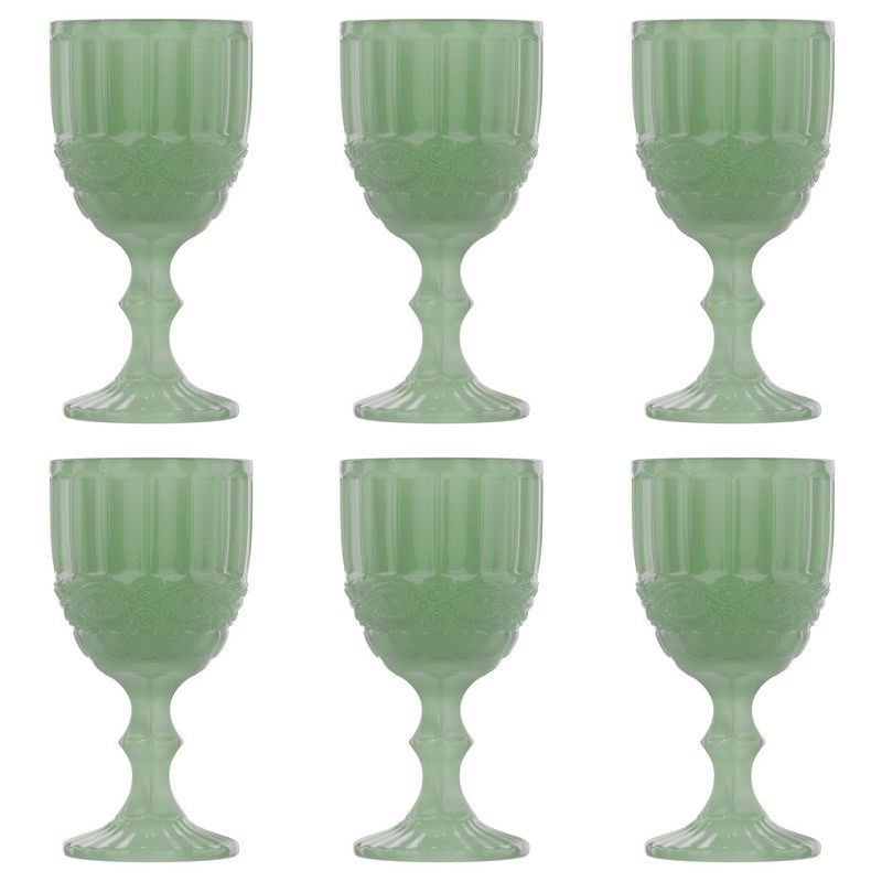 Jade Green Embossed Vintage Glass Goblets, Set of 6