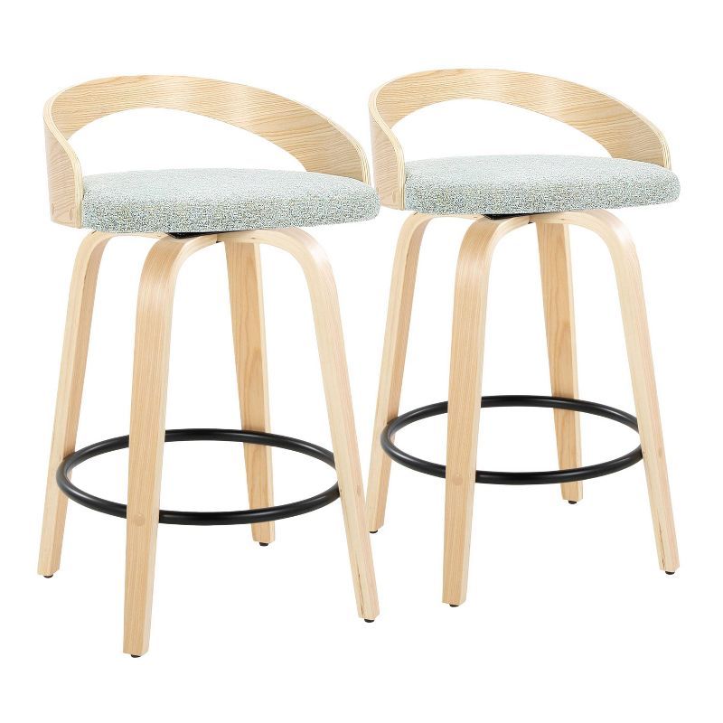 Set of 2 Green Swivel Counter Stools with Wood Legs