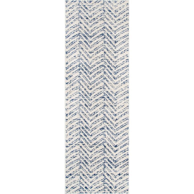 Blue and White Geometric Synthetic Runner Rug, 2'6" x 12'