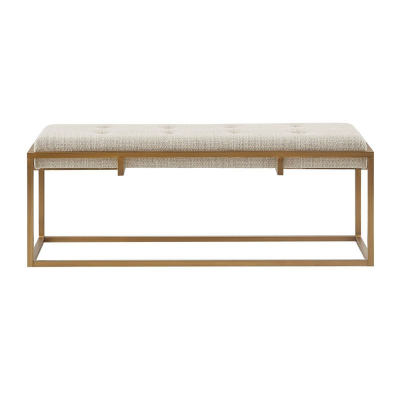 Mid-Century Beige Upholstered Bench with Antique Bronze Metal Frame