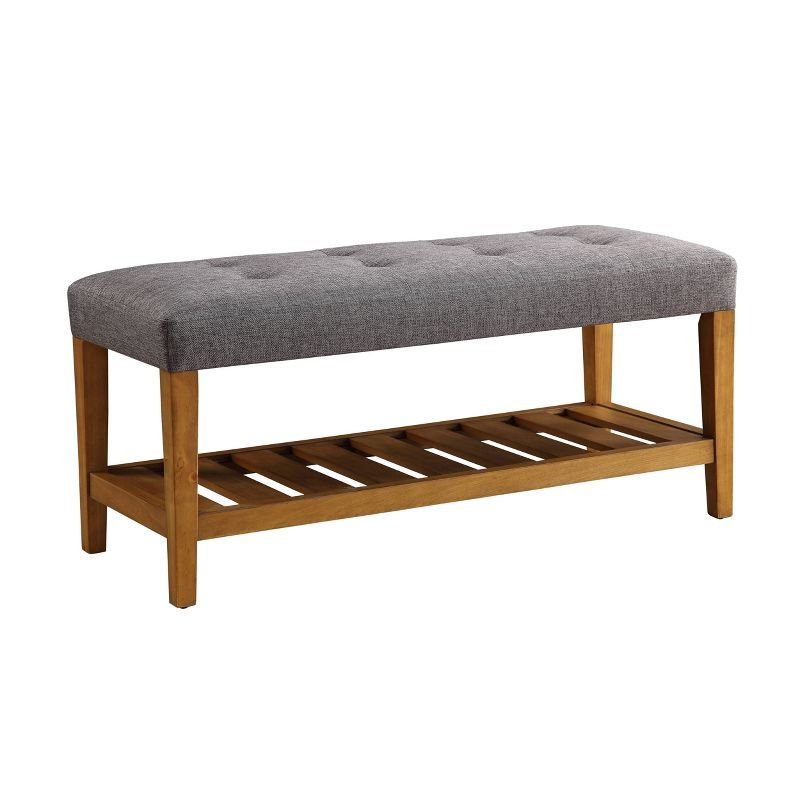 Craftsman-Inspired Gray and Oak Brown Wooden Bench with Tufted Cushion