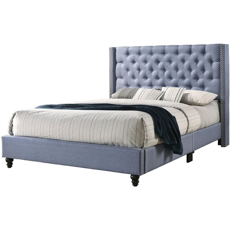 Elegant Blue Velvet Queen Bed with Tufted and Nailhead Details