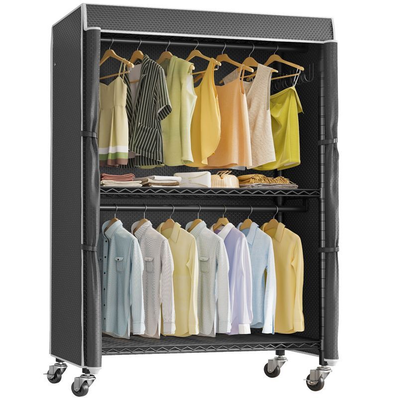 Black Heavy Duty Rolling Garment Rack with Cover and Wire Shelving