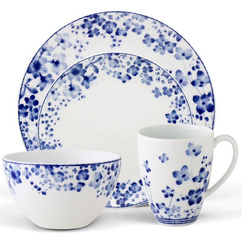 Blue and White Porcelain Floral 4-Piece Dinnerware Set