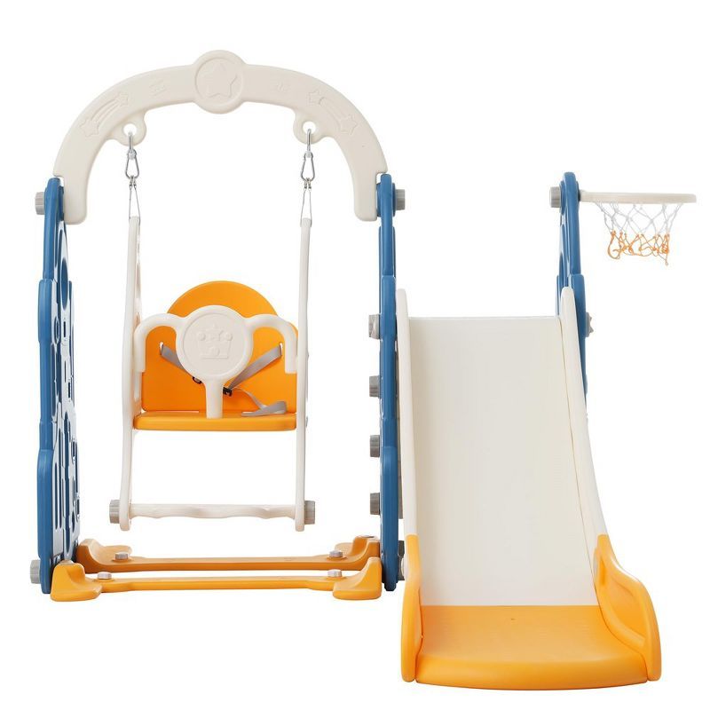 Blue and Orange 4-in-1 Toddler Slide Swing Set with Basketball Hoop